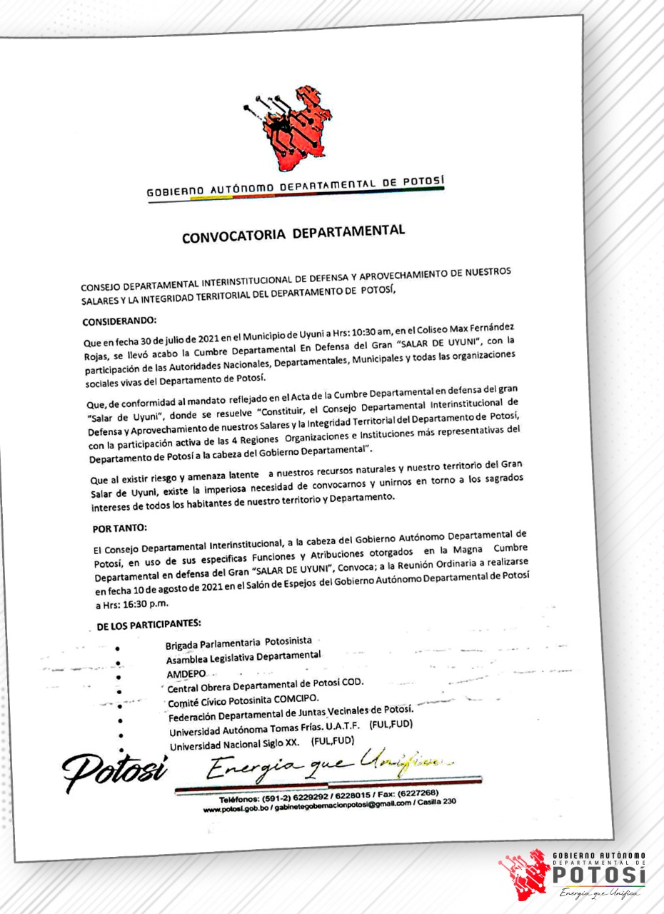 Convocan a una reunión para trabajar en comisiones técnicas por la defensa de los recursos naturales de Potosí