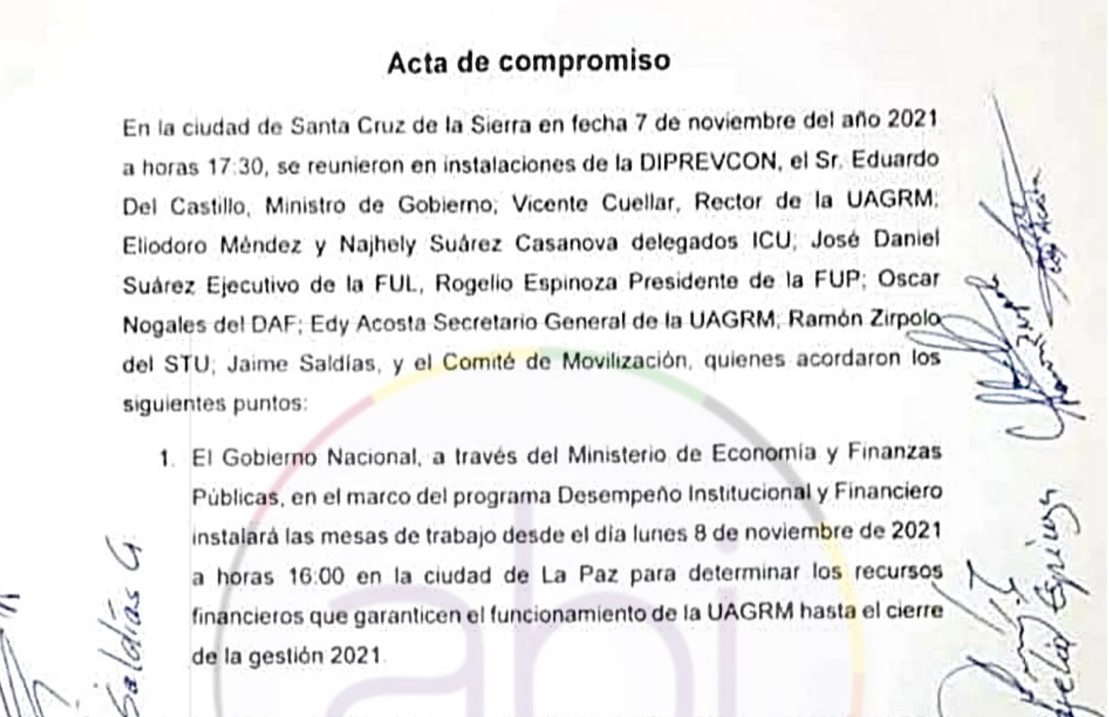 Gobierno y la UAGRM suscriben acuerdo y se suspenden medidas de presión