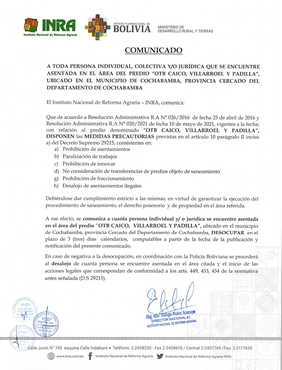 INRA insta a desocupar área del predio “OTB Caico, Villarroel y Padilla” en el municipio de Cochabamba