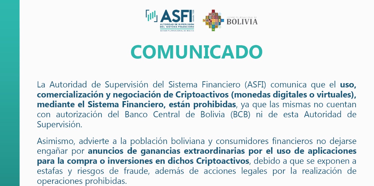 ASFI advierte que uso, comercialización y negociación de criptoactivos en el sistema financiero están prohibidos
