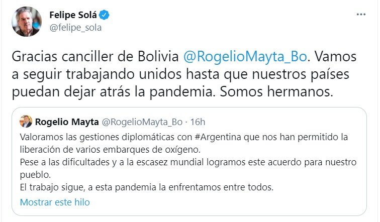 Cancilleres de Argentina y Bolivia reafirman compromiso de trabajo conjunto para afrontar el COVID-19