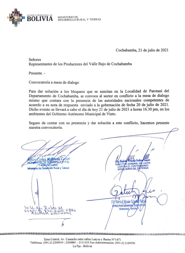 Gobierno convoca al diálogo para dar solución y levantar el bloqueo en Parotani