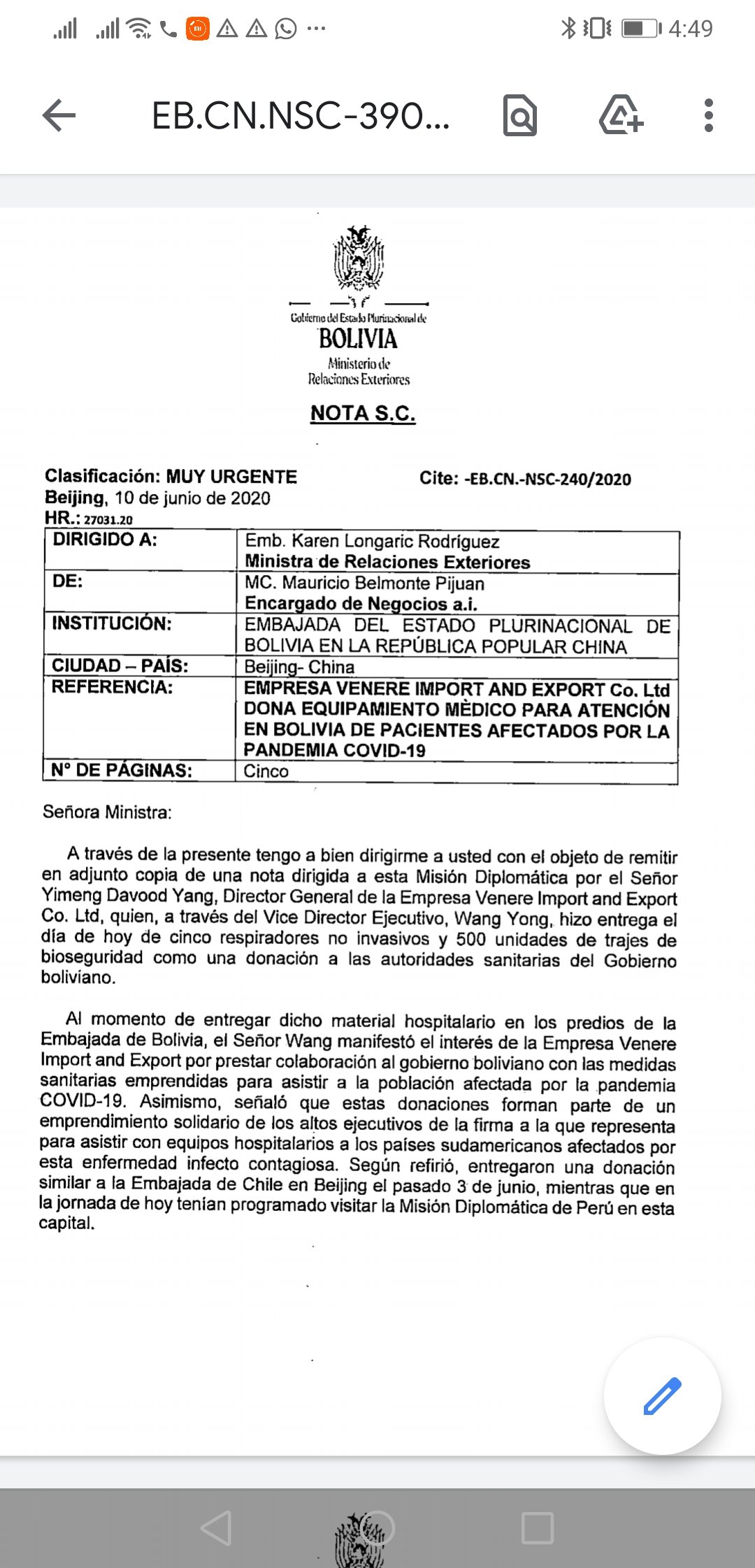 Viceministro Blanco: Longaric abandonó donación de respiradores y trajes de bioseguridad en China