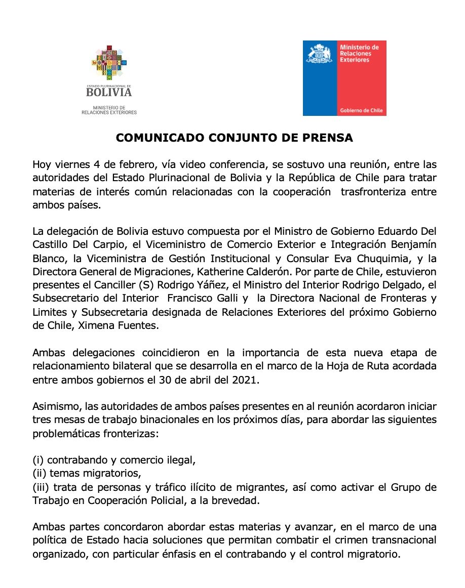 Bolivia y Chile acuerdan crear tres mesas de trabajo para abordar problemática fronteriza