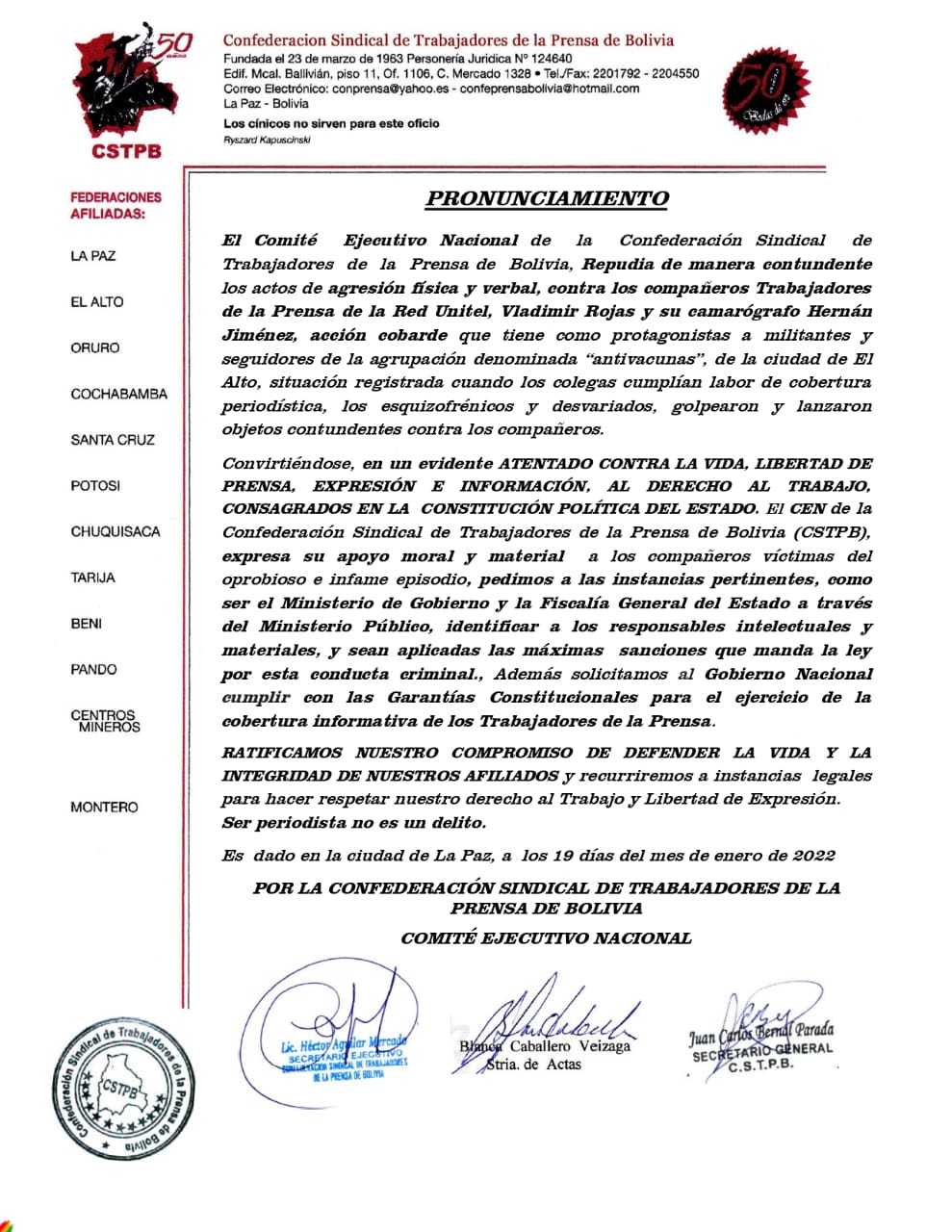 Confederación repudia agresión de grupos “antivacunas” a trabajadores de la prensa