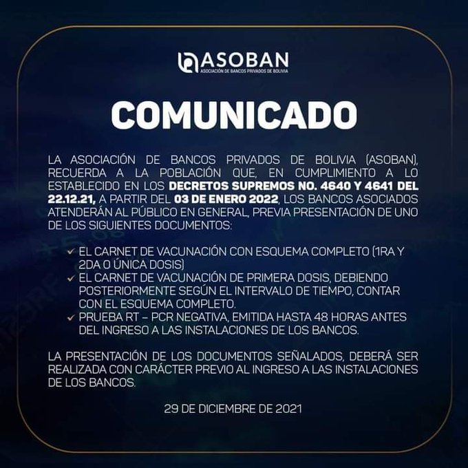A partir del 3 de enero, los bancos atenderán previa presentación del carnet anticovid o prueba PCR negativa
