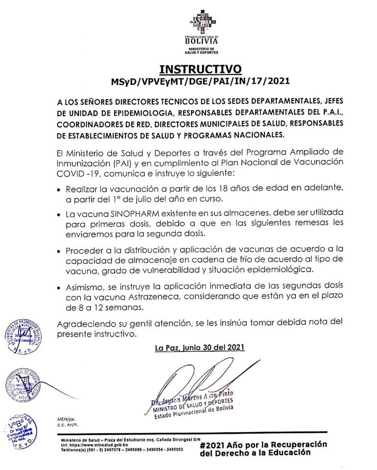 Salud instruye a los Sedes utilizar vacunas Sinopharm existentes como primeras dosis