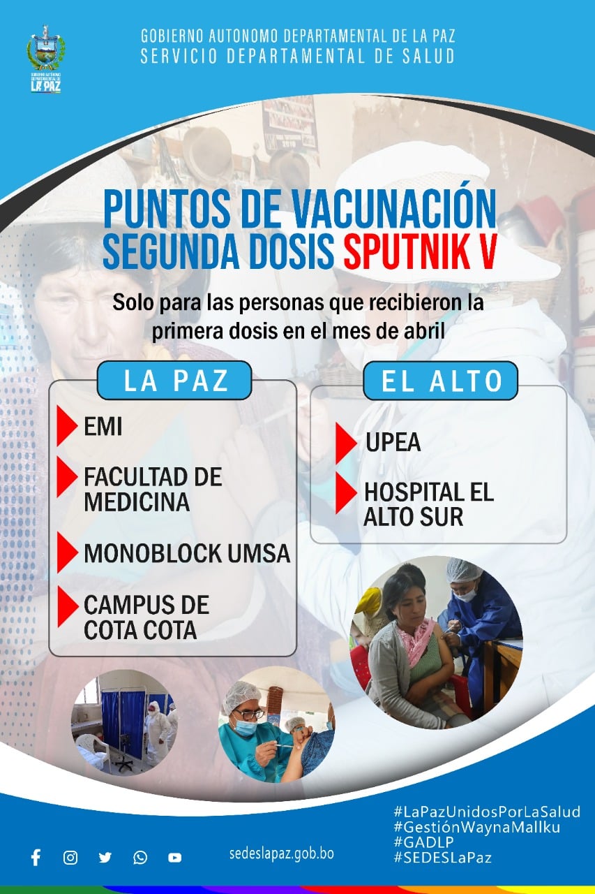 La Paz y El Alto habilitan puntos específicos de vacunación para segundas dosis de la Sputnik V