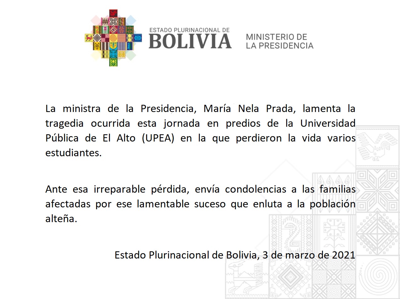 Ministra Prada y viceministra Alcón lamentan tragedia en la UPEA y expresan solidaridad con las familias dolientes