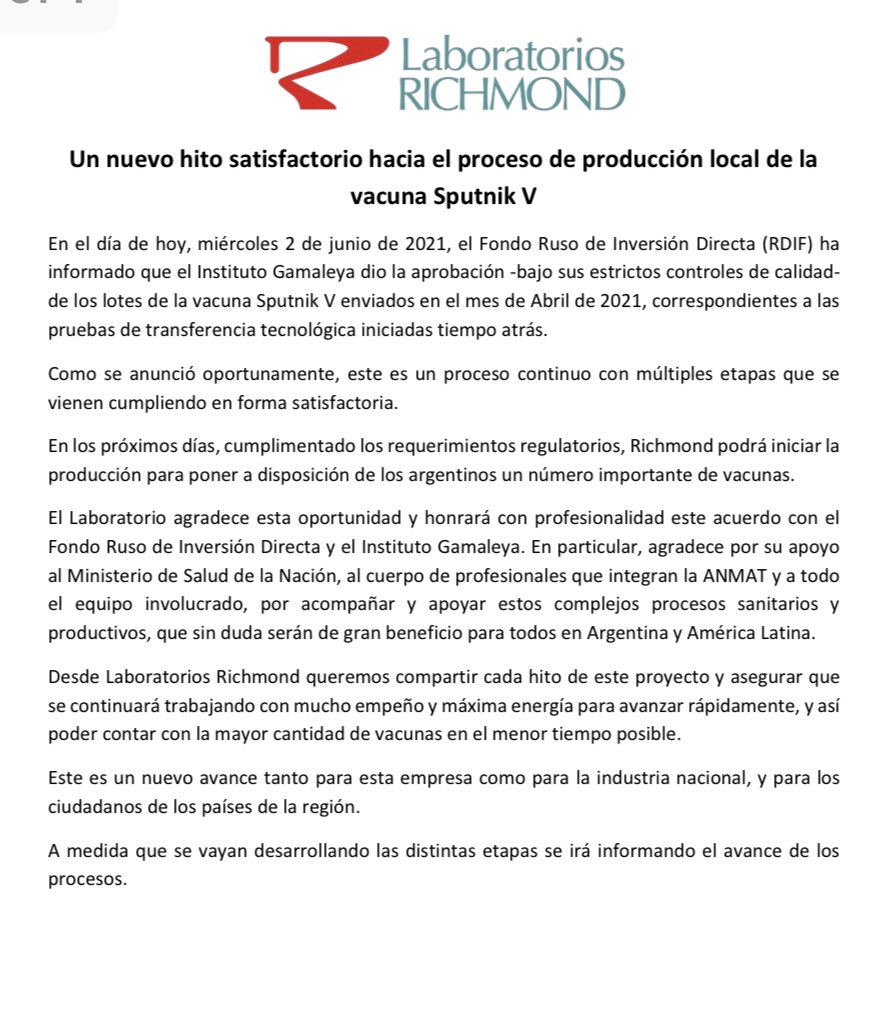Laboratorio argentino confirma inicio de producción masiva de la vacuna Sputnik en los próximos días