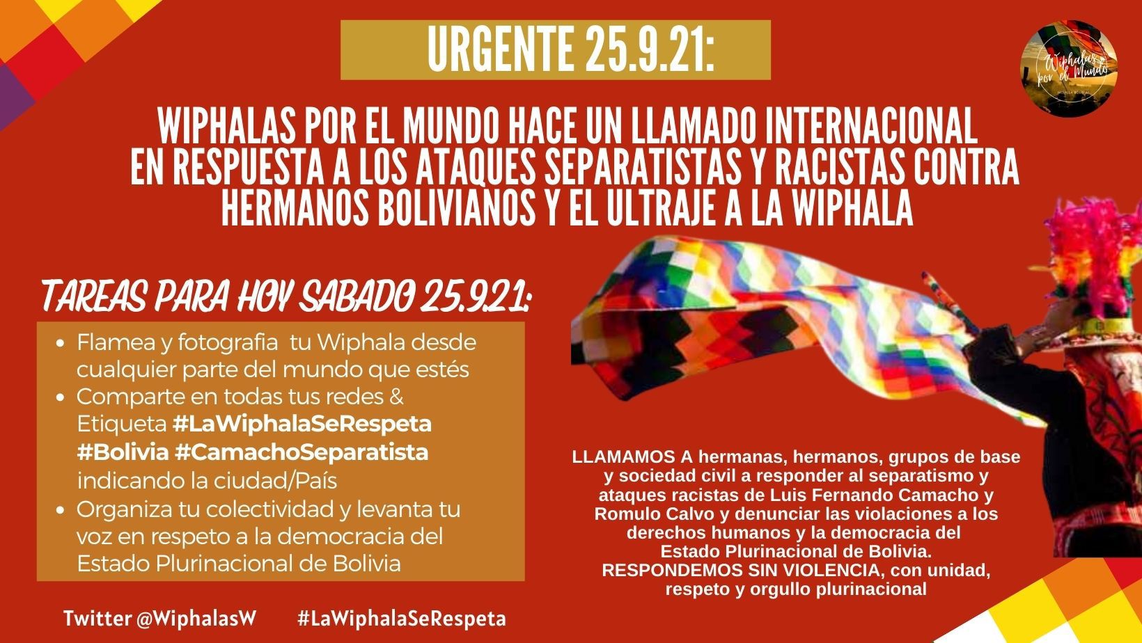 Wiphalas por el Mundo rechaza los actos racistas y ultraje al símbolo patrio suscitados en Santa Cruz